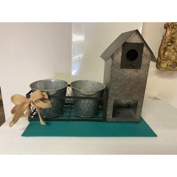 New Galvanized Tin Birdhouse with Two Planter Pots - Picture 1 of 8